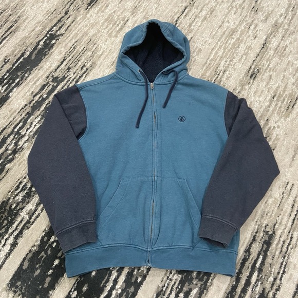 Y2K Volcom Hoodie Large Adult Blue Full Zip Sweatshirt Fleece Lined Mens L - Picture 1 of 6